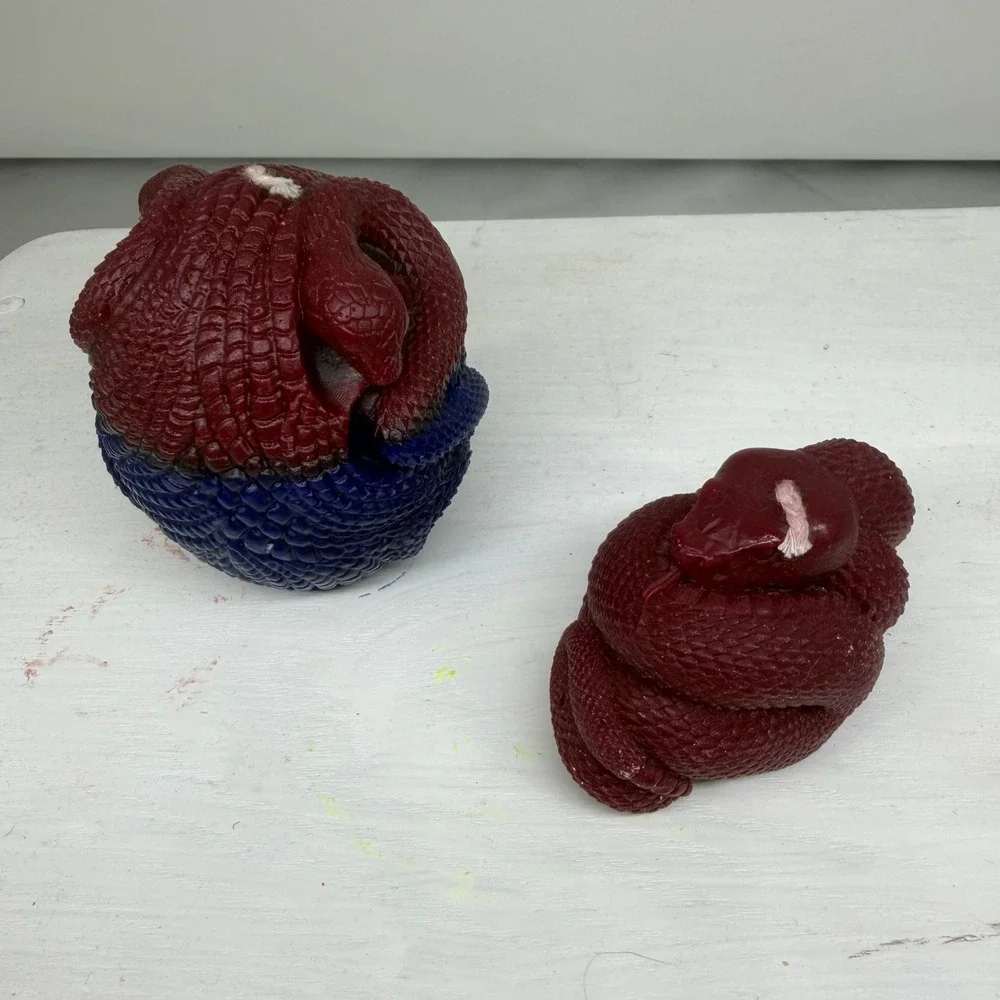 Handcrafted Snake Candle Set of 2 Burgundy Blue Coiled Serpent Gothic Decor Dark